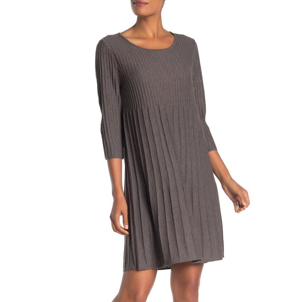 Eileen Fisher Brown Wool Scoopneck Pleated Dress